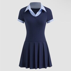 COTTON COLLAR STRIPE PLEATED TWO TONE MINI DRESS - DARK DENIM